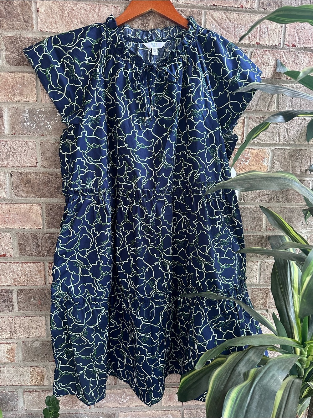 NWT Time & Tru Navy Lime Floral Mini Flutter Tiered Dress XXL